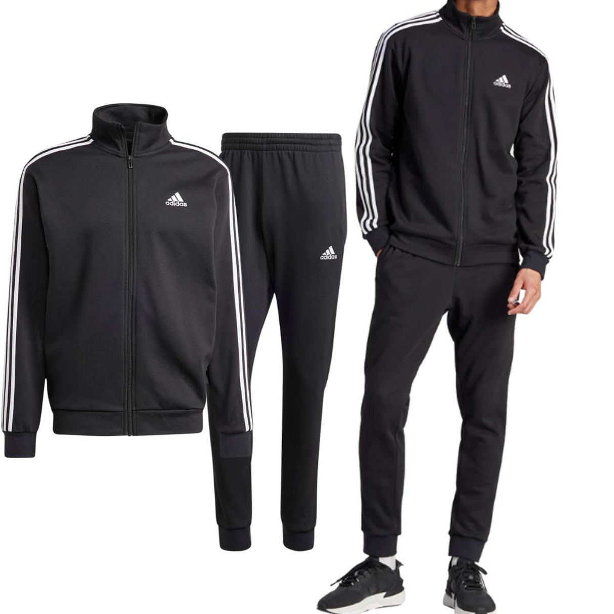 ADIDAS IJ6067 BASIC 3-STRIPES BLACK COTTON FLEECE TRACKSUIT