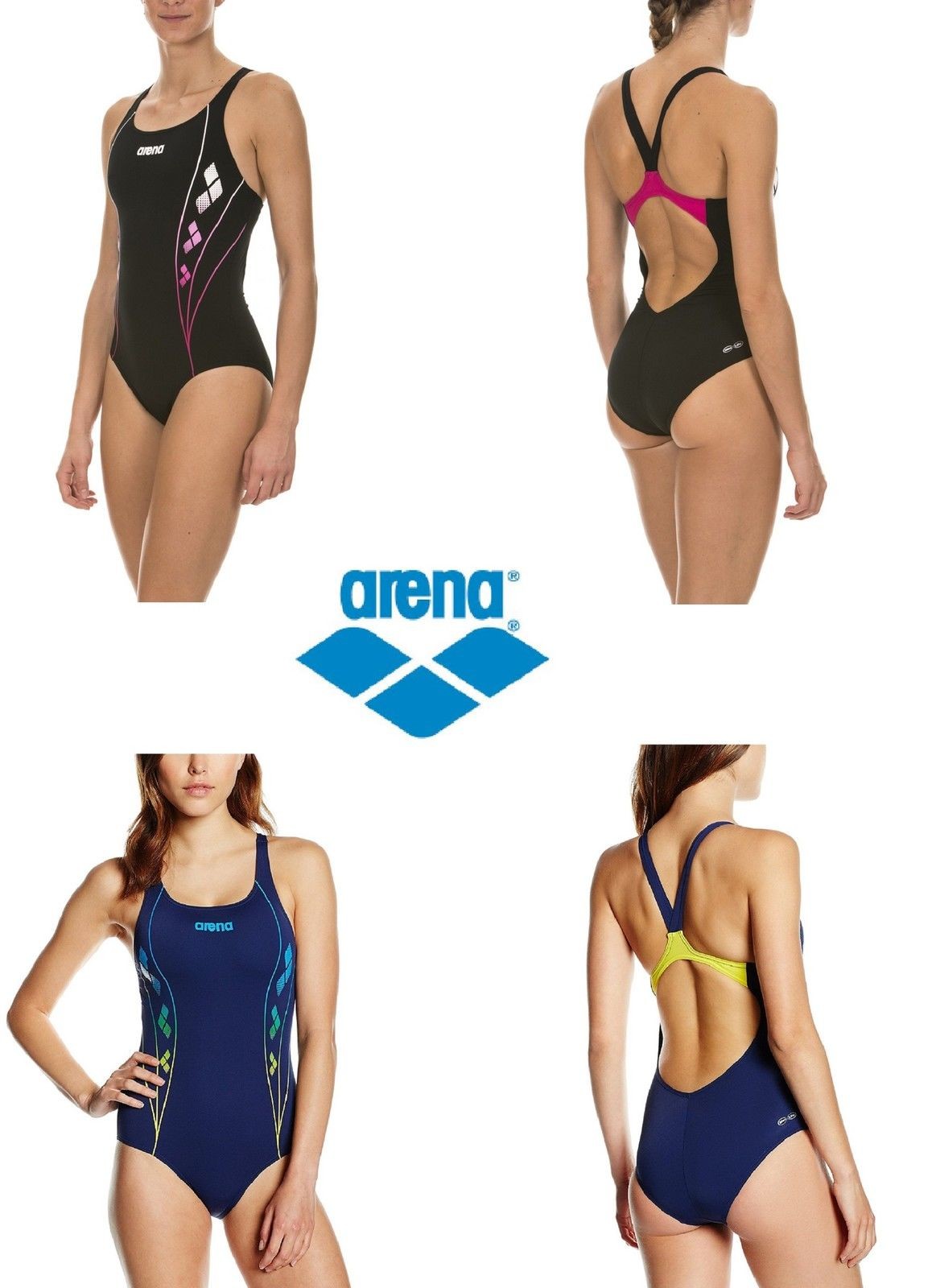 COSTUME INTERO DONNA PISCINA ARENA Nuoto Mare W WEB B ONE PIECE Nero Blu 1A851