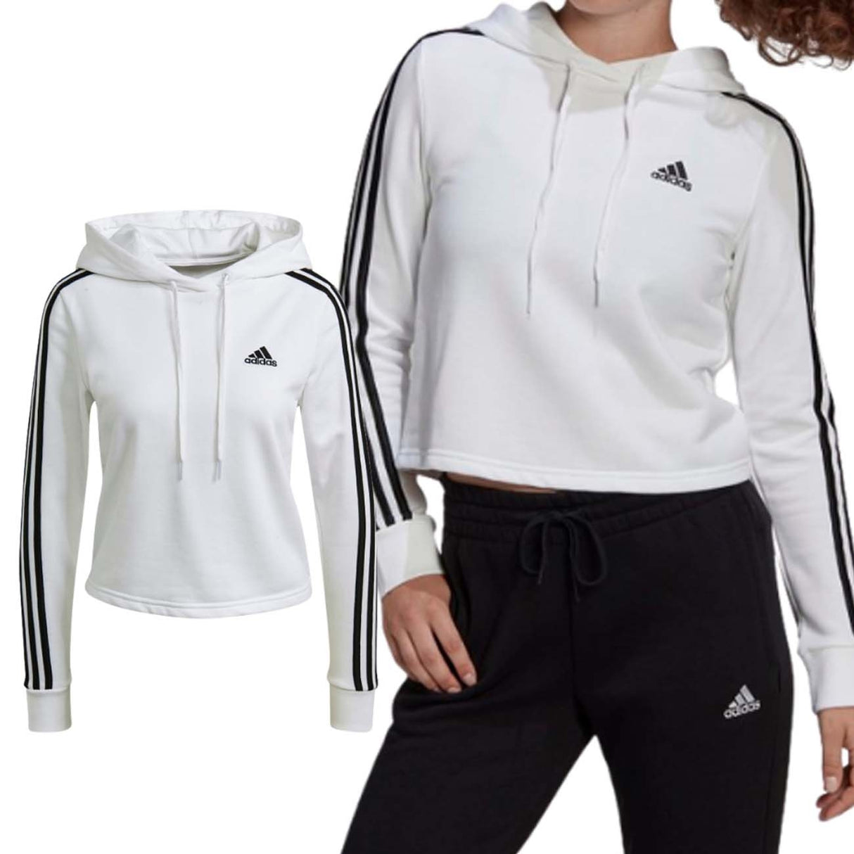 ADIDAS GM5574 ESSENTIALS 3-STRIPES CROPPED HOODIE SWEATSHIRT