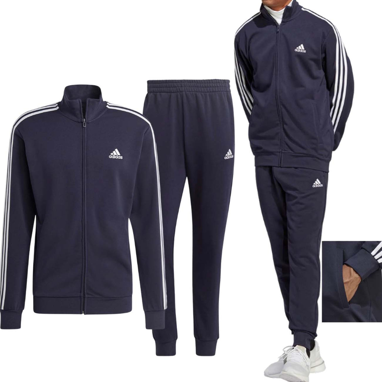 ADIDAS IC6765 BASIC 3 STRIPES BLUE BRUSHED COTTON TRACKSUIT