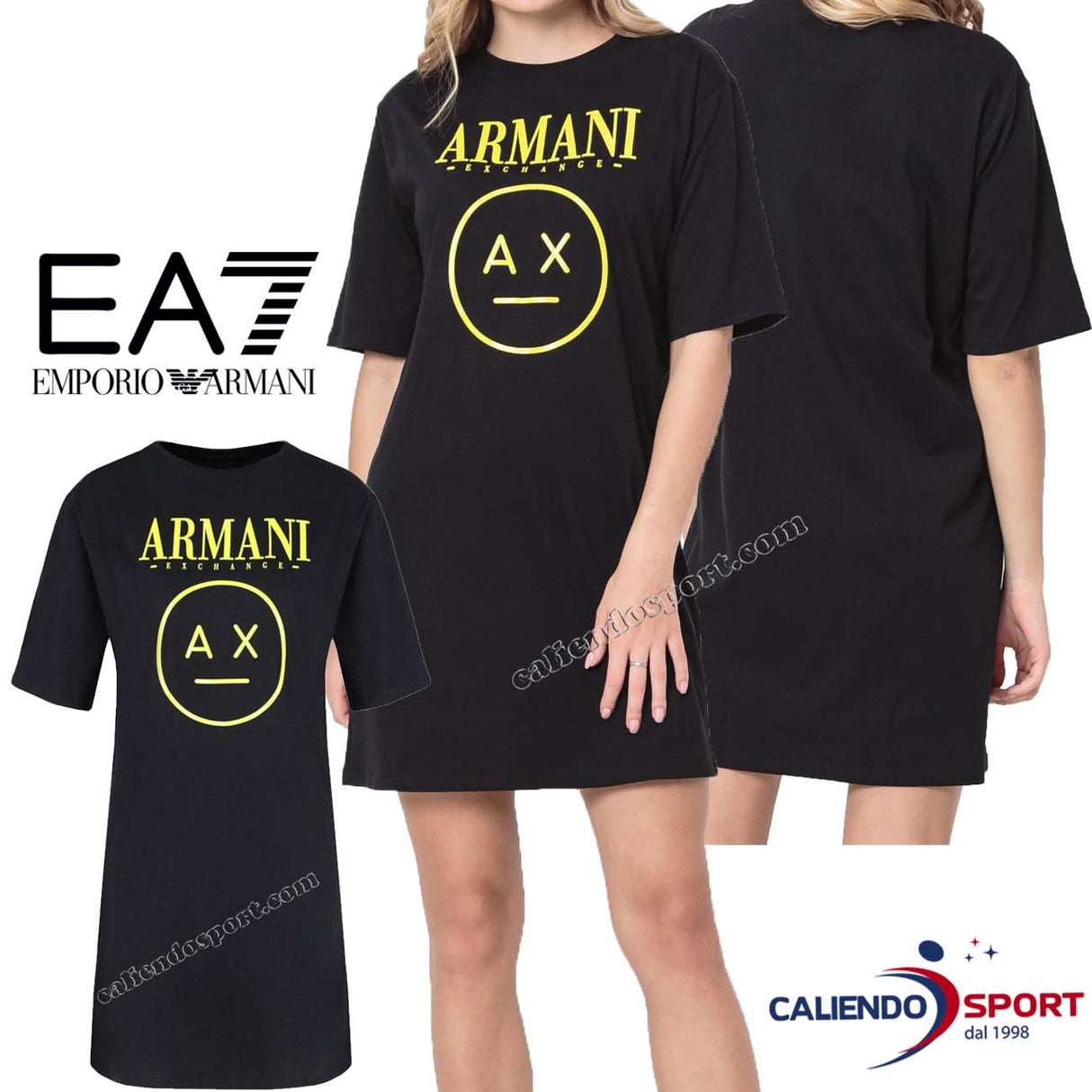 MAXI T-SHIRT ARMANI 3GYTCT DONNA NERO COTONE STAMPA GIALLO