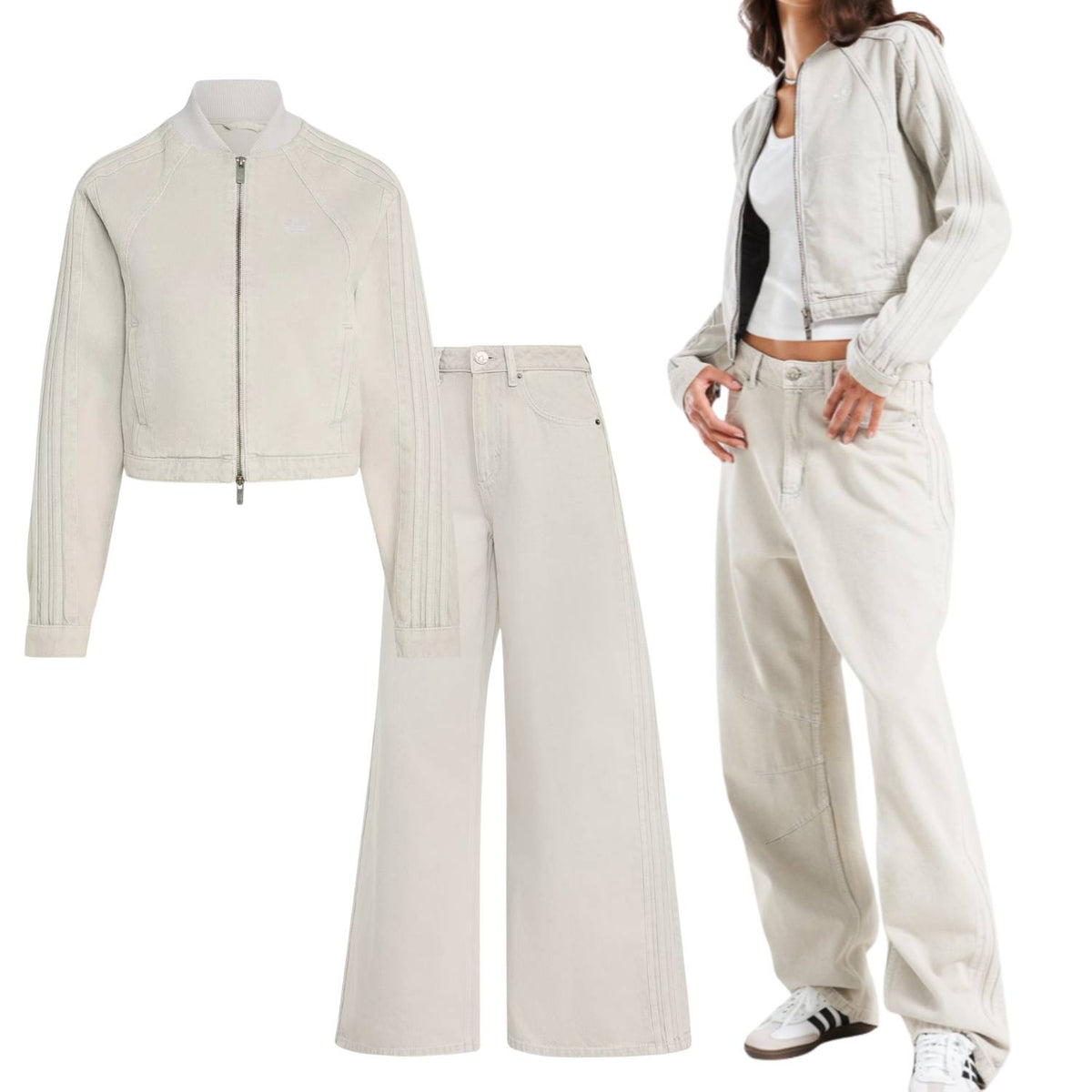 GIACCA+PANTALONE DONNA ADIDAS KQ6470 KQ6468 JEANS GAMBA LARGA VITA ALTA