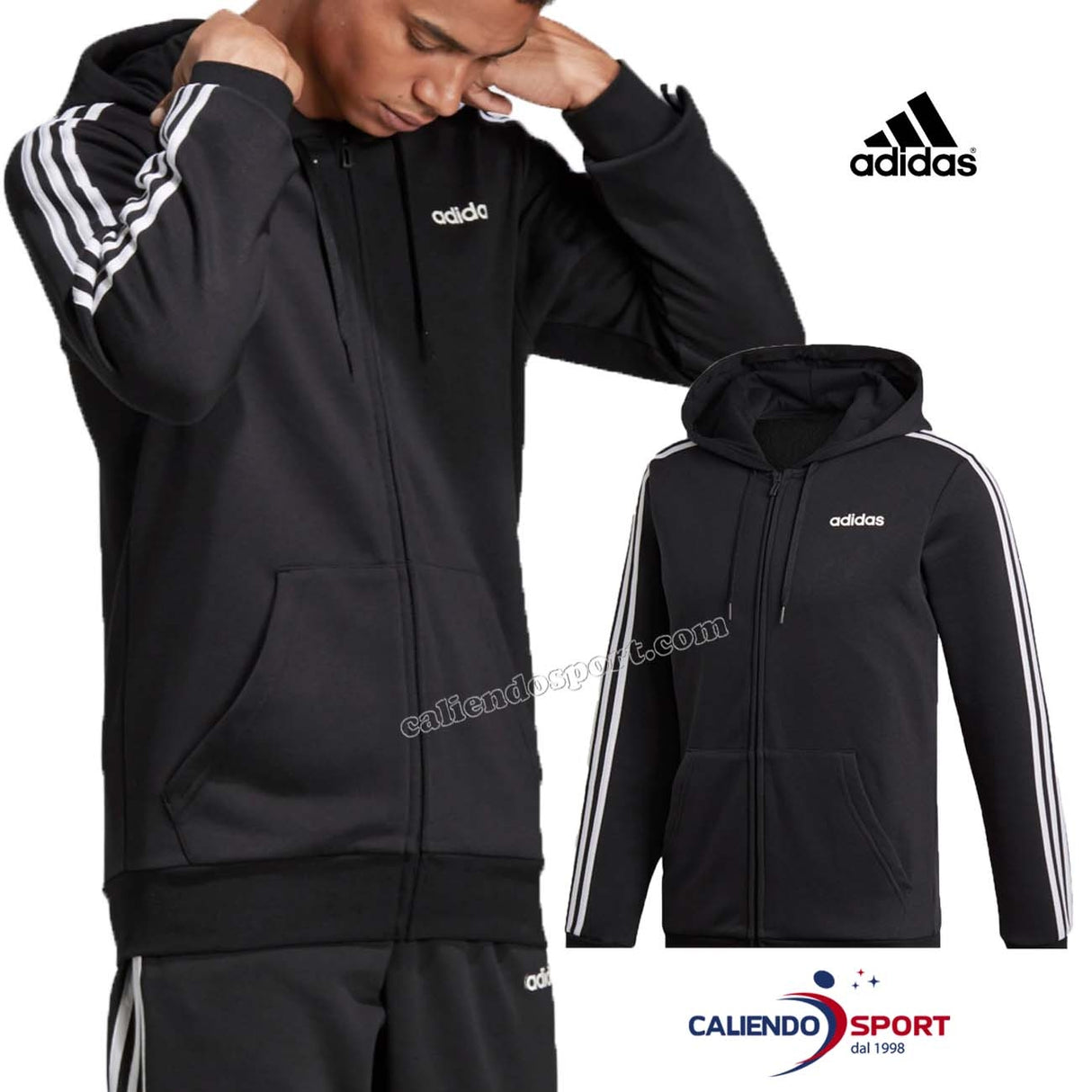ADIDAS DQ3101 BLACK ESSENTIALS 3-STRIPES FLEECE HOODIE