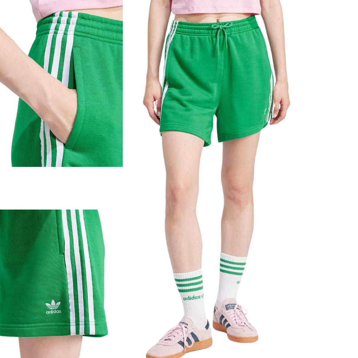 PANTALONCINO DONNA ADIDAS IP0697 3 STRIPES VERDE COTONE GARZATO