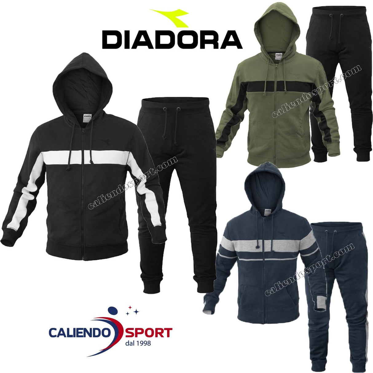 DIADORA MEN'S TRACKSUIT 173575 HD FZ SUIT BRUSHED FL BLACK BLUE FLEECE COTTON