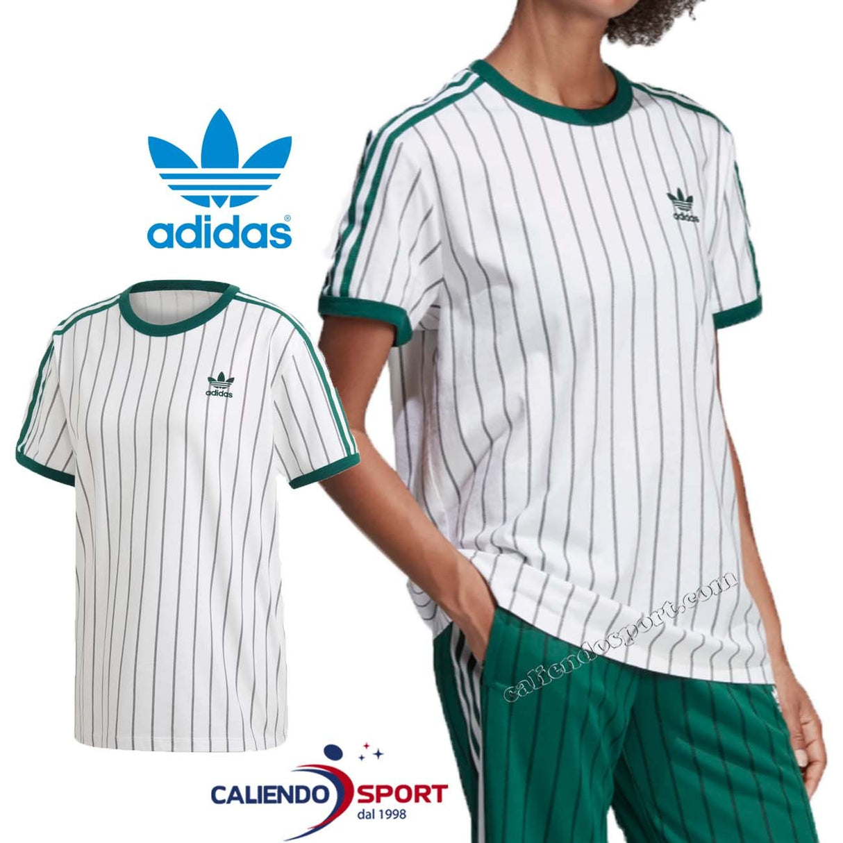 T-SHIRT FEMME ADIDAS ORIGINALS DU9931 BLANC RAYURES VERTES BOYFRIEND
