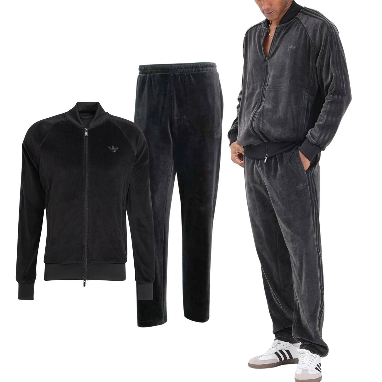 FELPA + PANTALONE ADIDAS JX1559 JW8377 VELLUTO NERO ADICOLOR