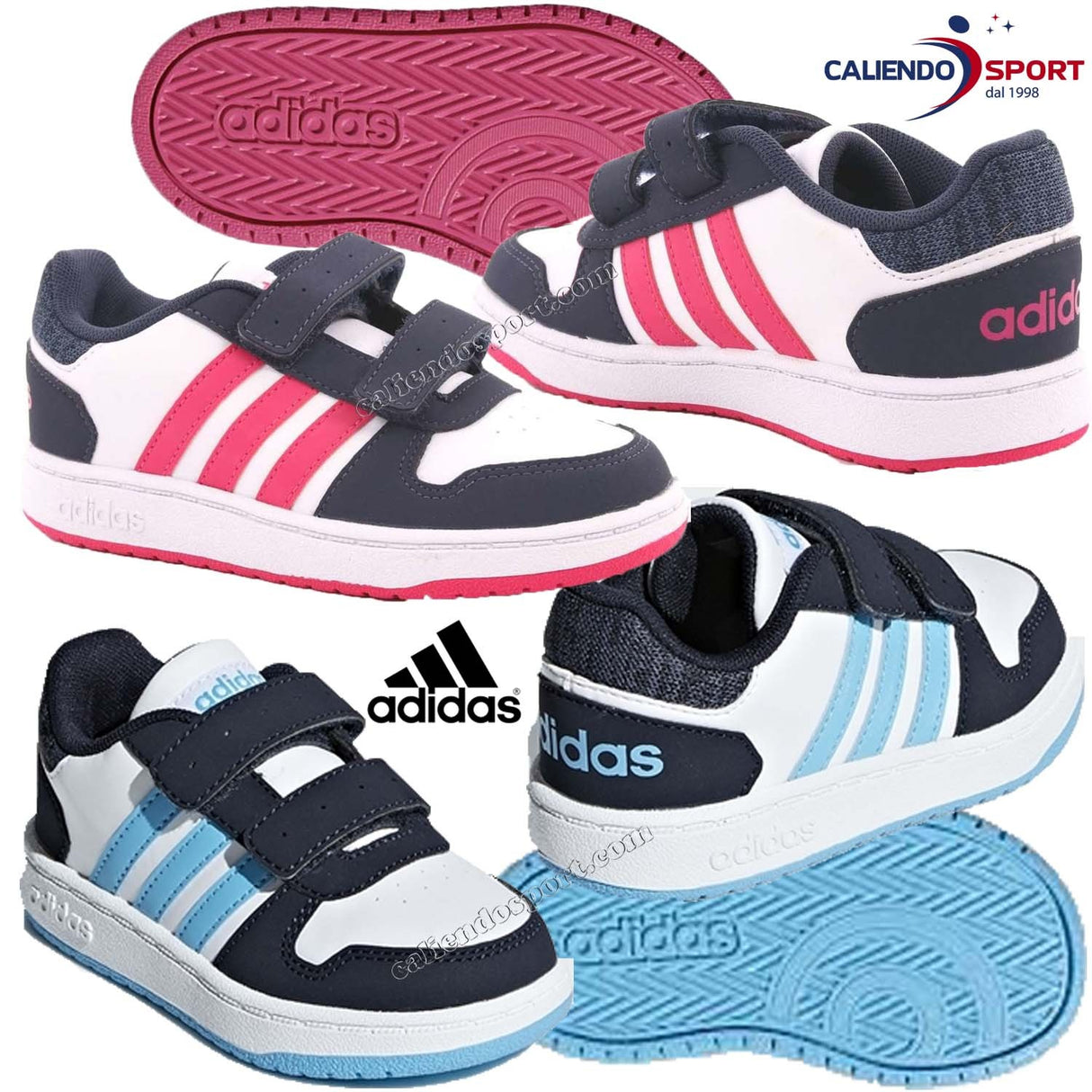 SCARPA BIMBO BIMBA ADIDAS BB7334 BB7335 ROSA BLU STRAPPO HOOPS 2.0 CMF I